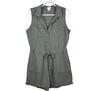 NICOLE MILLER 12 Linen Blend Romper Army Green Drawstring Waist Sleeveless